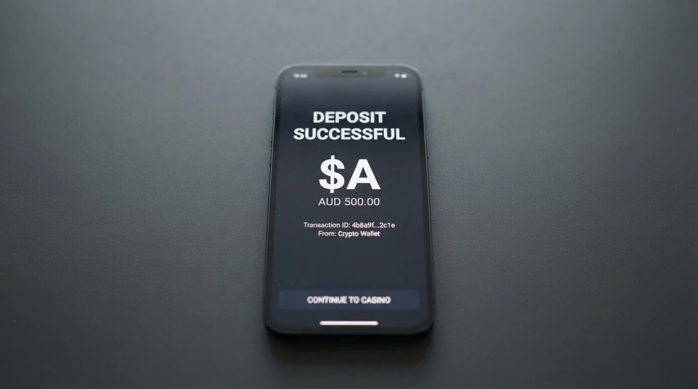 A smartphone showing a cryptocurrency deposit confirmation screen with a casino brand in the background