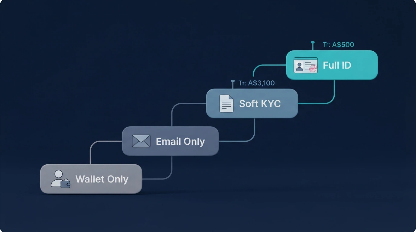 A layered privacy diagram showing four tiers — from a blank silhouette (fully anonymous) to a document-stamped ID card (full KYC) with withdrawal thresholds annotated