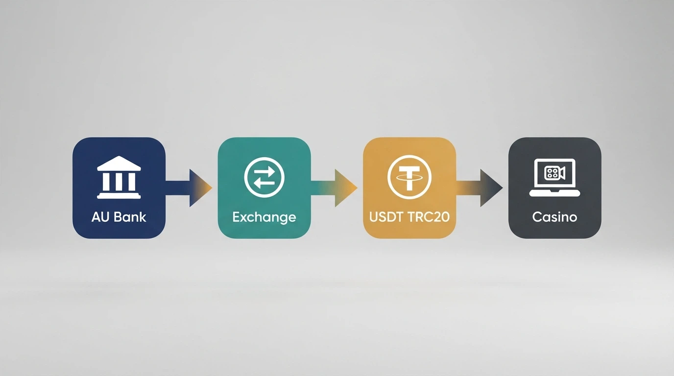 A simplified flow diagram showing the AU bank → CoinSpot → USDT TRC20 → offshore casino route
