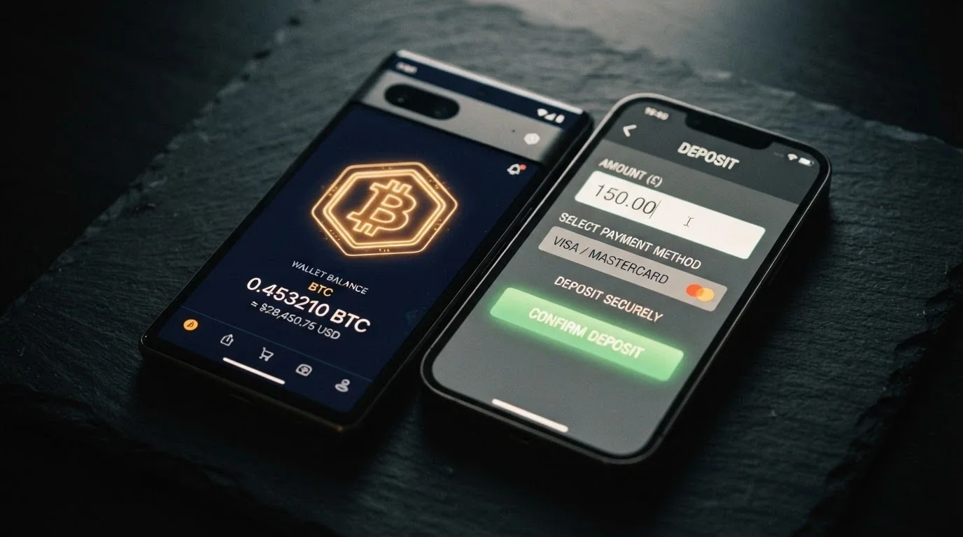 Smartphone displaying a cryptocurrency wallet interface beside a casino deposit screen, with Bitcoin and USDT logos visible