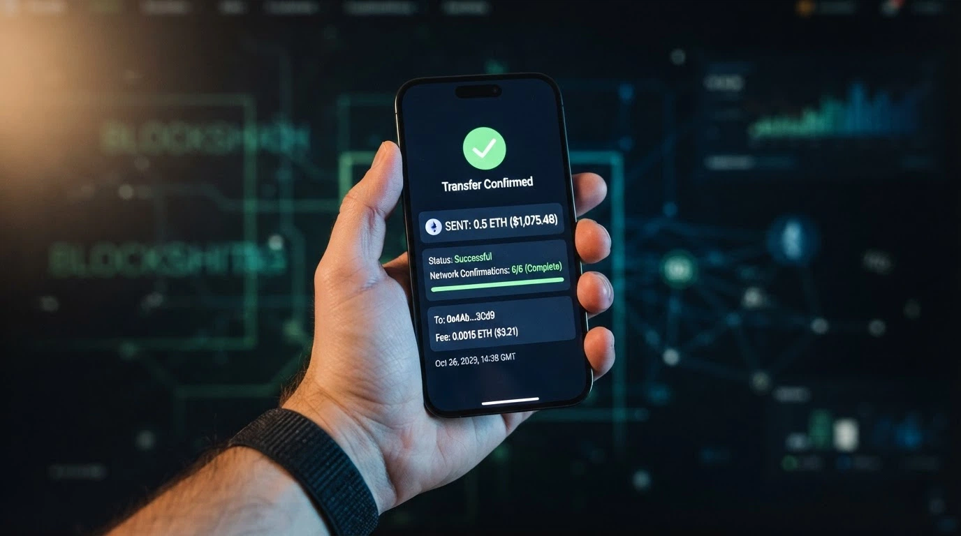 A crypto wallet transaction confirmation screen showing a USDT transfer completed in under 10 minutes, with the blockchain confirmation count visible
