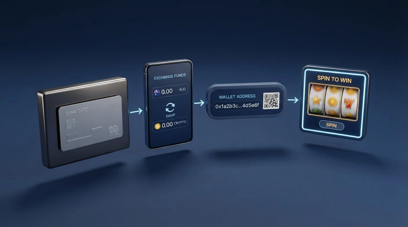 A simplified diagram showing the four-step deposit path: Australian bank card, crypto exchange screen, casino wallet address, pokie game loading screen
