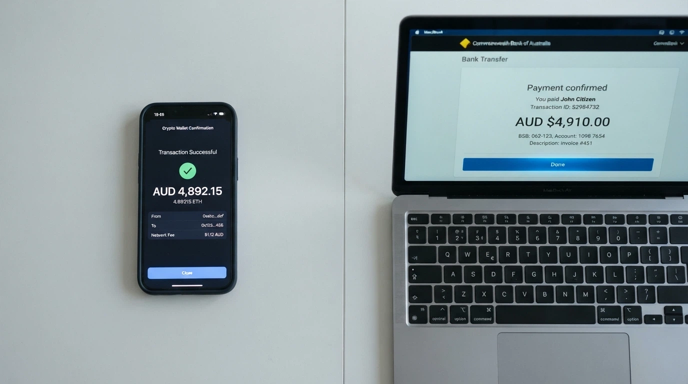 A split screen showing a crypto wallet confirmation on one side and a PayID transfer interface on the other, both displaying four-figure AUD amounts