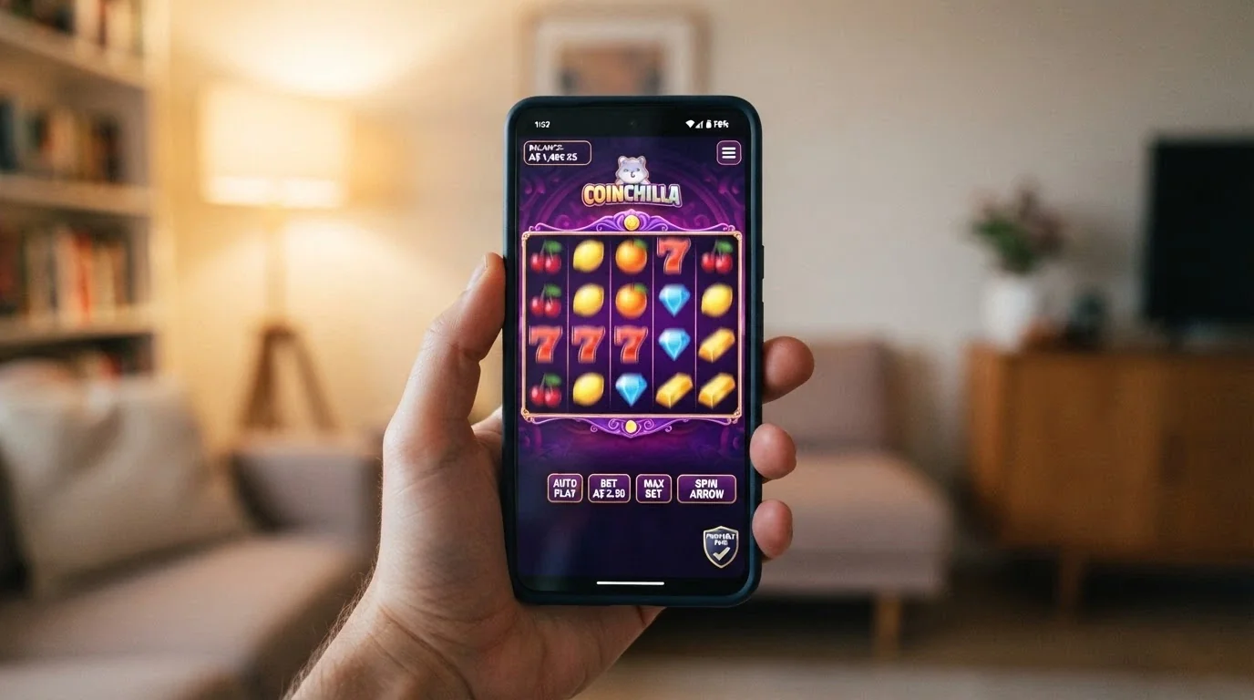A smartphone displaying a colourful online pokie reel set with a cryptocurrency balance in the top corner and a “Provably Fair” verification badge visible