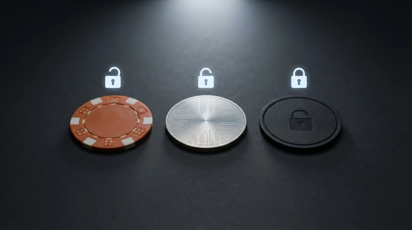 Three cryptocurrency logos — Monero, Bitcoin and USDT — arranged on a privacy spectrum with a lock icon growing from open (Bitcoin) to closed (Monero).