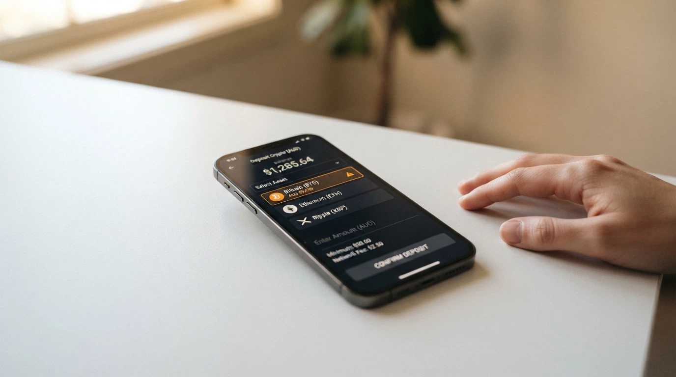 A smartphone showing a casino deposit screen with Bitcoin selected as the payment method, a warning icon beside it referencing Australian payment restrictions