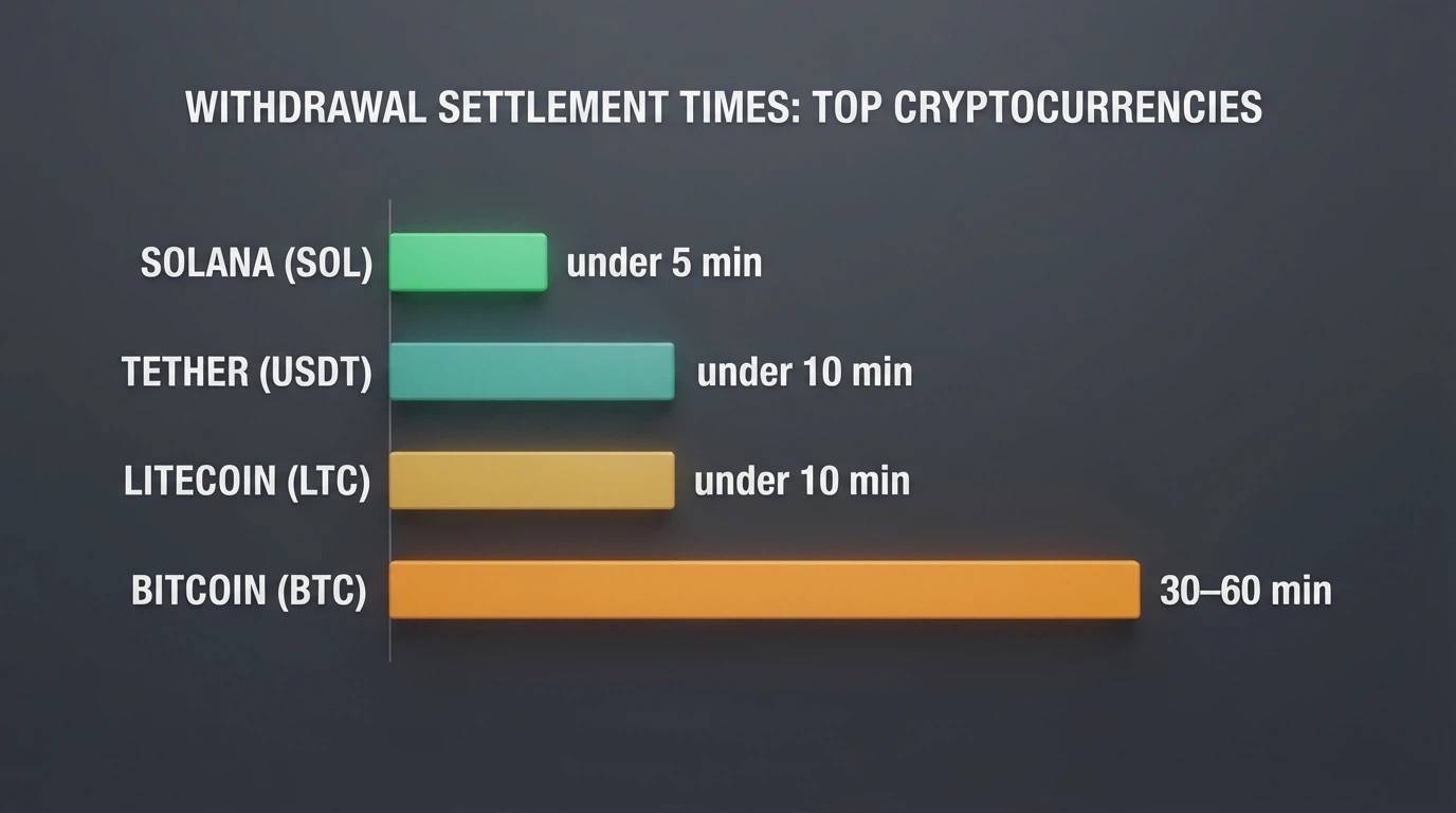 A horizontal bar chart comparing withdrawal settlement times for BTC, USDT, SOL and LTC, with SOL as the shortest bar and BTC the longest