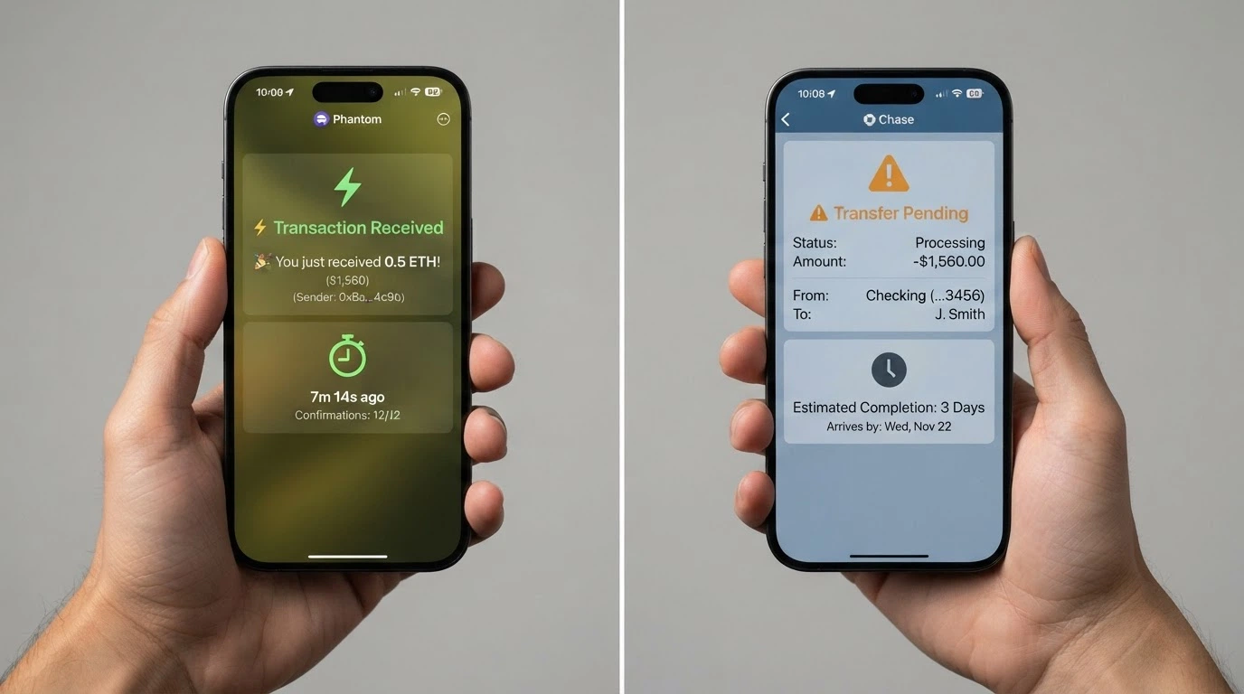 A split-screen comparison: on the left a crypto wallet showing “Received — 7 min,” on the right a bank app showing “Pending — 2–3 business days.”