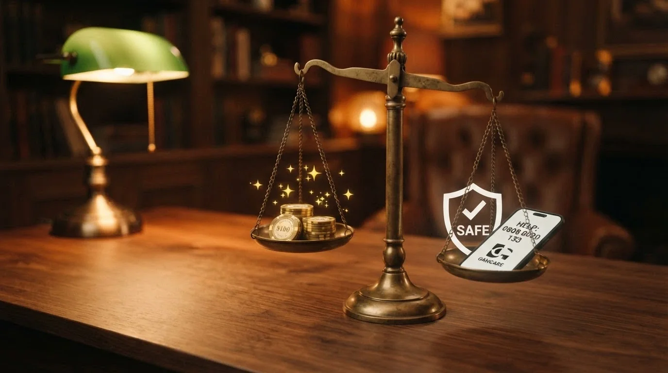 A set of balance scales: one side holds bonus chips and free-spin icons; the other holds a consumer-protection shield, a BetStop logo and a helpline phone icon; the protection side sits lower.