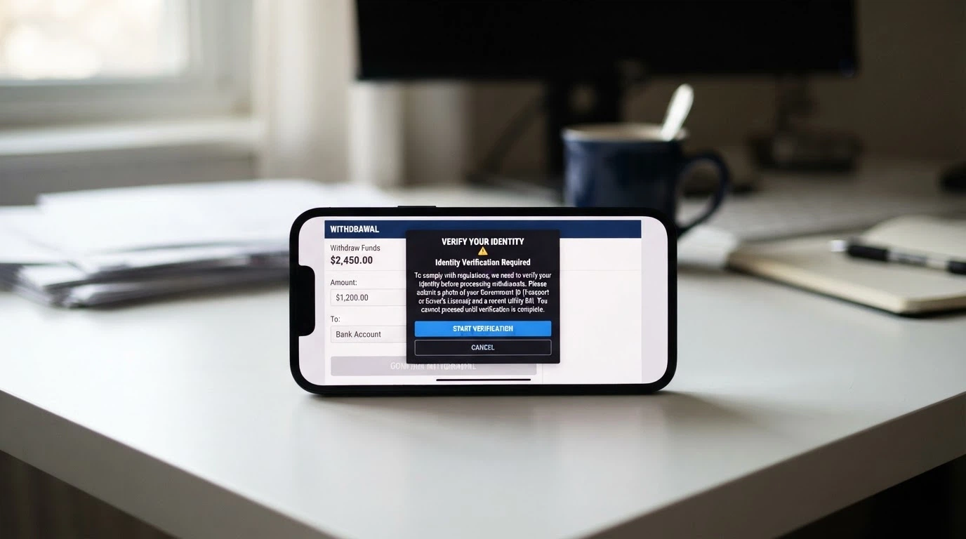 A smartphone displaying a casino withdrawal screen with a greyed-out “Withdraw” button and a pop-up reading “Verification Required — Please Upload ID.”
