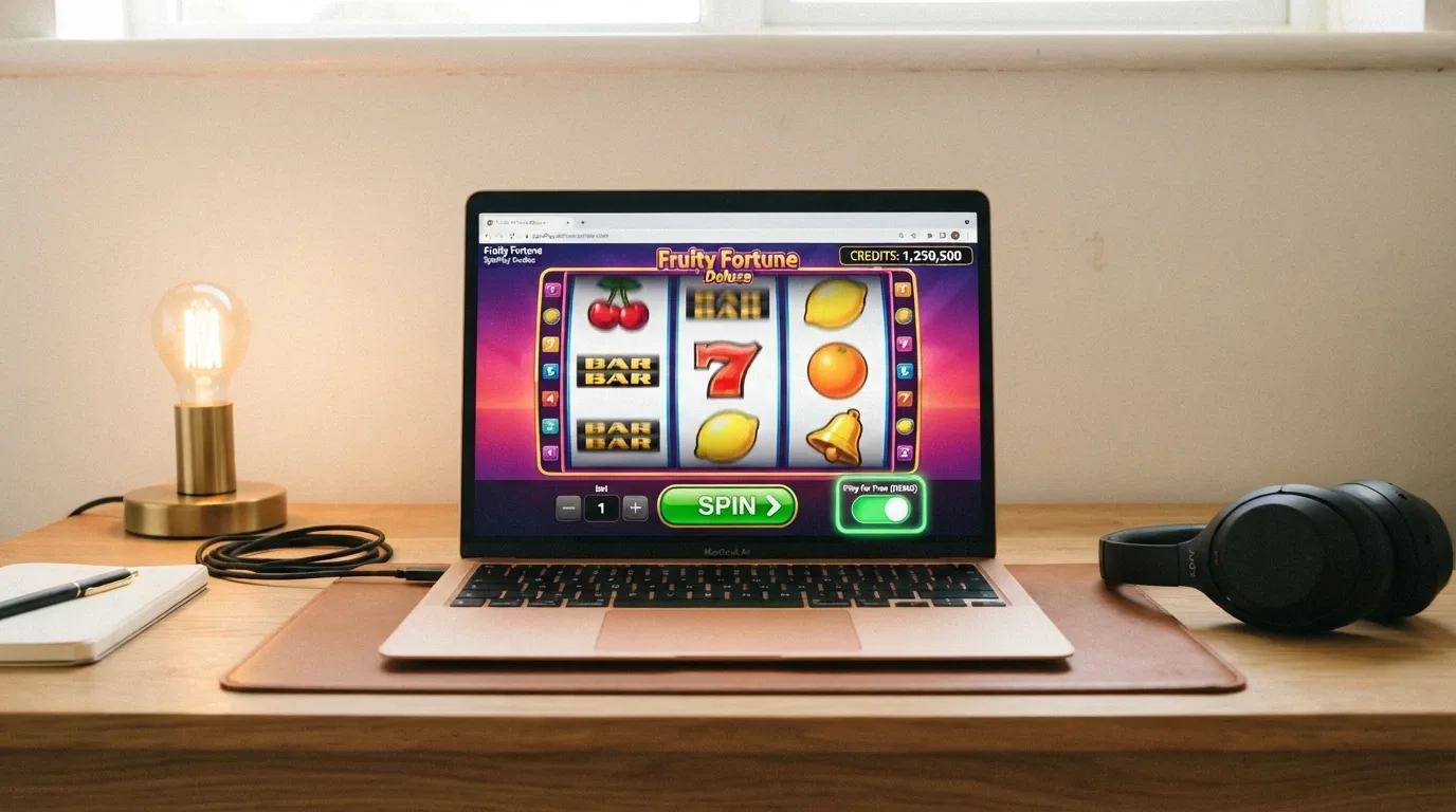 A laptop screen showing a 1spin4win slot in demo mode with a virtual-credit balance displayed and the 'Play for Free' toggle highlighted