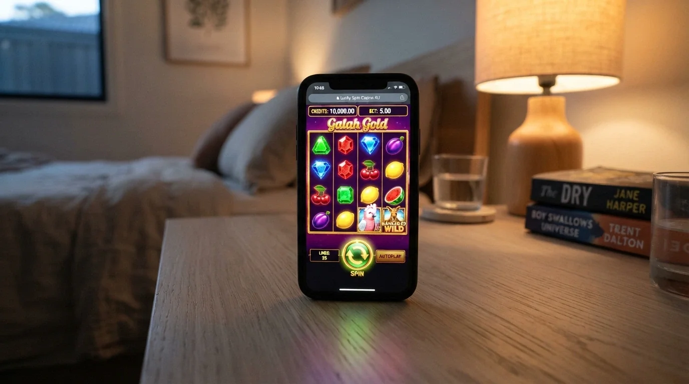 A demo-mode pokies game on a phone screen showing a play-money balance of 10,000 credits and a spin button