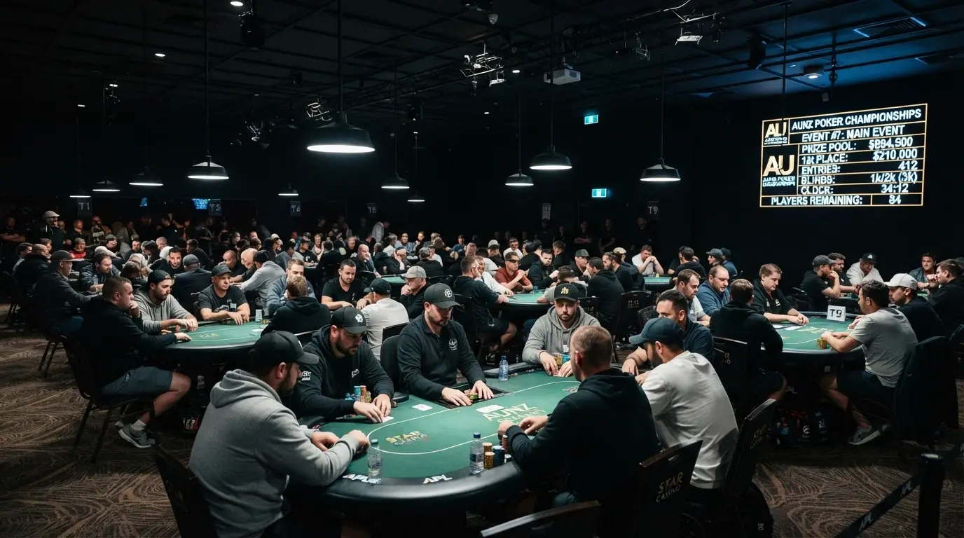 The District Poker room during a tournament — nine tables under focussed lighting, players stacked behind coloured chips, the jackpot total displayed on a digital board