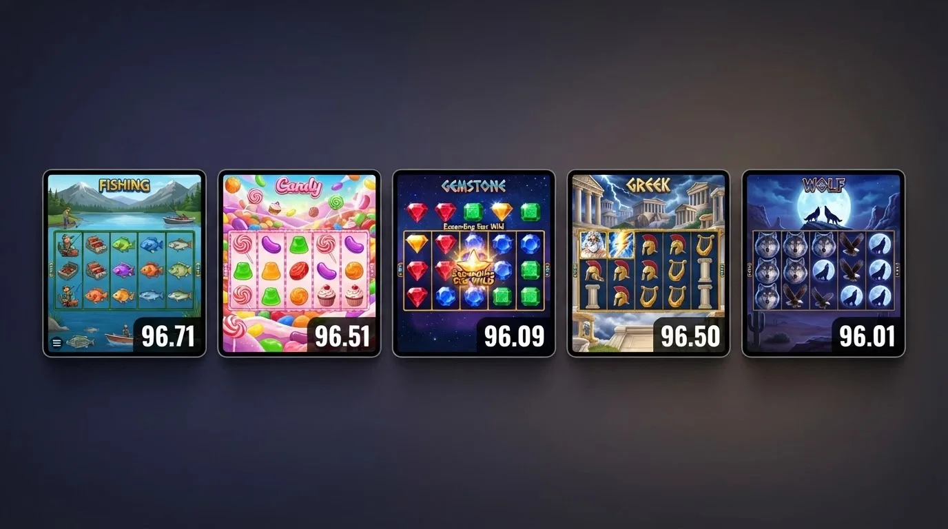 A grid of five pokie title cards — Big Bass Bonanza, Sweet Bonanza, Starburst, Gates of Olympus and Wolf Gold — with their RTP percentages overlaid