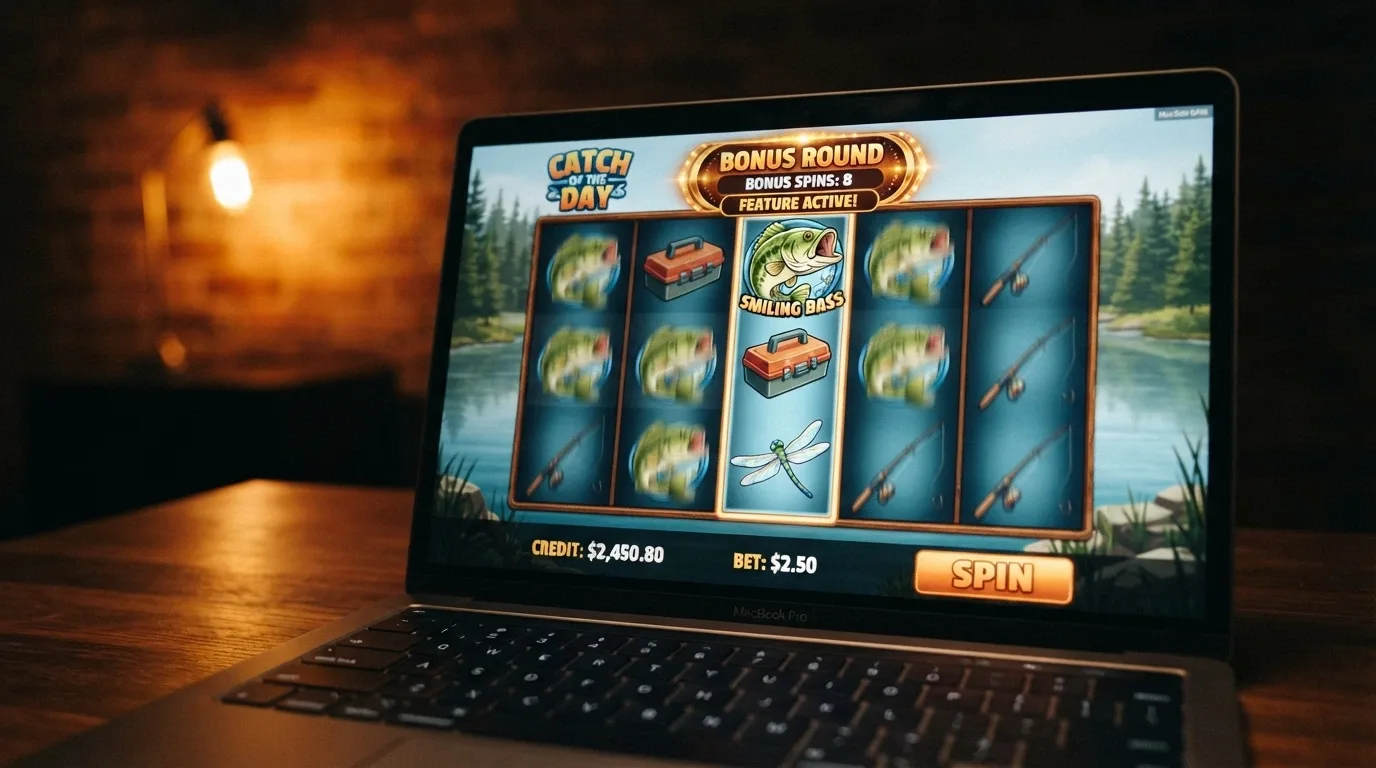 A close-up of a popular online pokie game screen showing Big Bass Bonanza with its fishing-themed reels