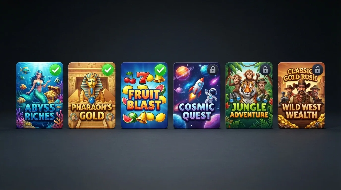 A row of colourful online pokie title cards with a green checkmark on a subset and a grey lock icon on the rest