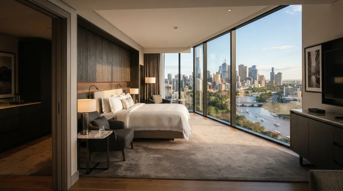 A luxurious EOS by SkyCity guest room with floor-to-ceiling windows overlooking the Adelaide city skyline and the Torrens