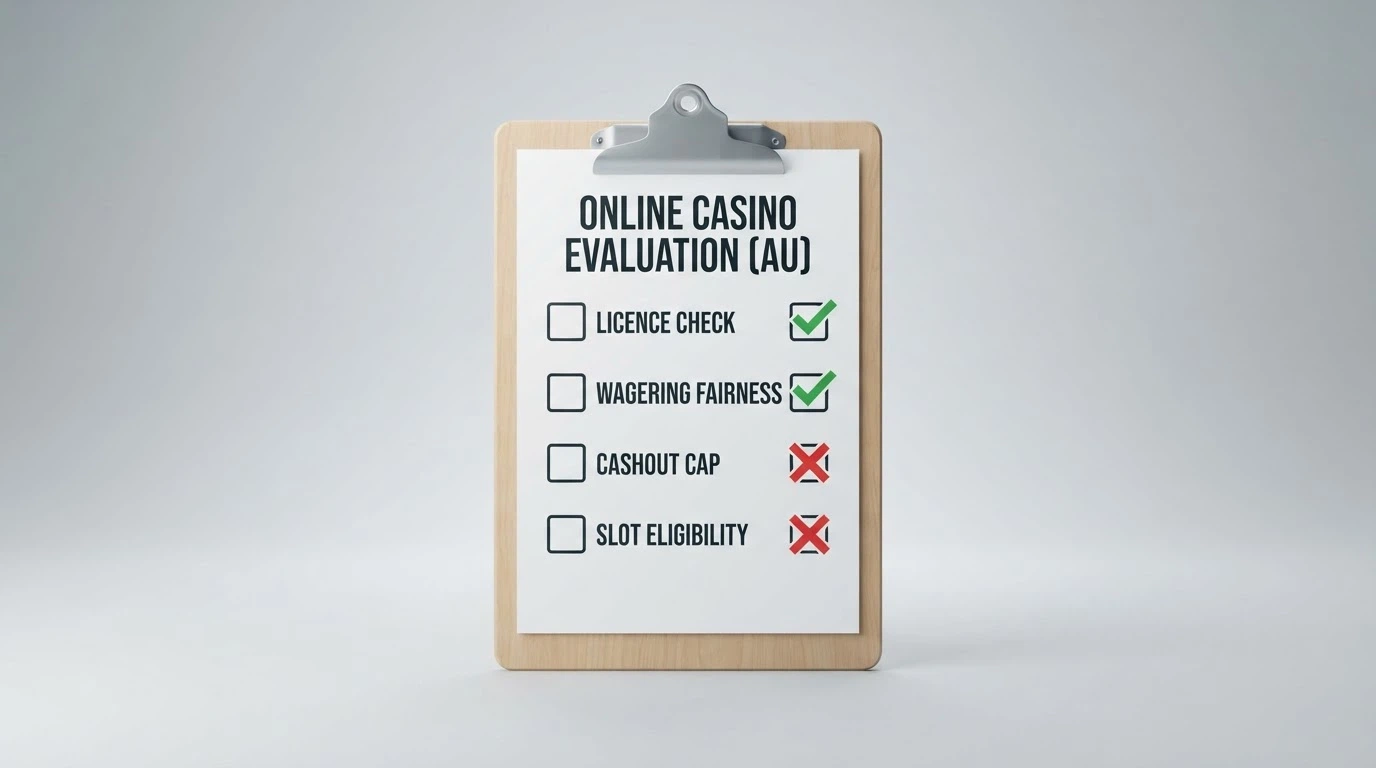 A checklist or scorecard showing evaluation criteria — licence check, wagering fairness, cashout cap, slot eligibility — with tick marks and cross marks