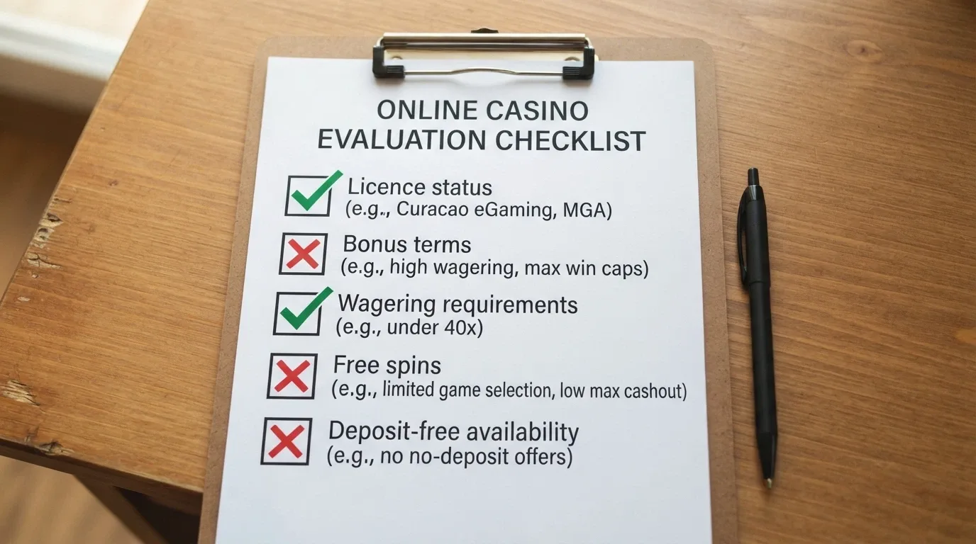 A notepad or clipboard with a checklist of evaluation criteria — licence status, bonus terms, wagering, free spins, deposit-free availability — with checkmarks and cross marks