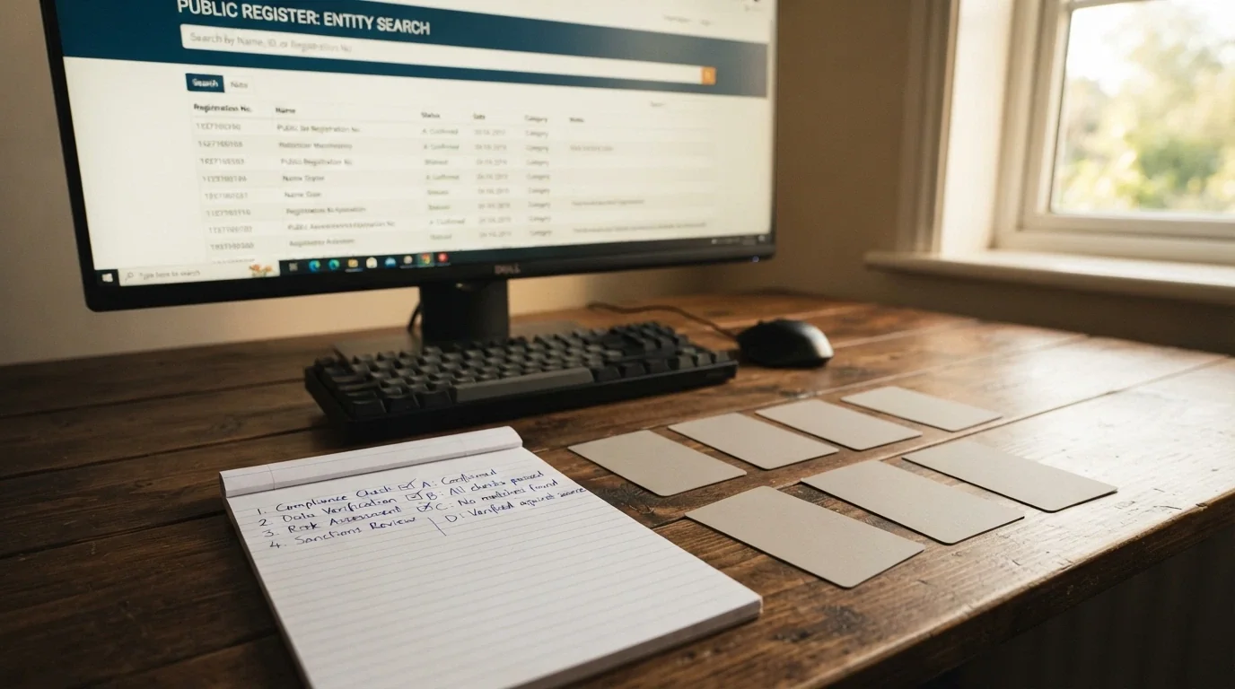 A desk-level view of an evaluation process: a monitor displaying ACMA's public register, a notepad with review criteria listed, and operator cards spread beside them — no brand logos visible