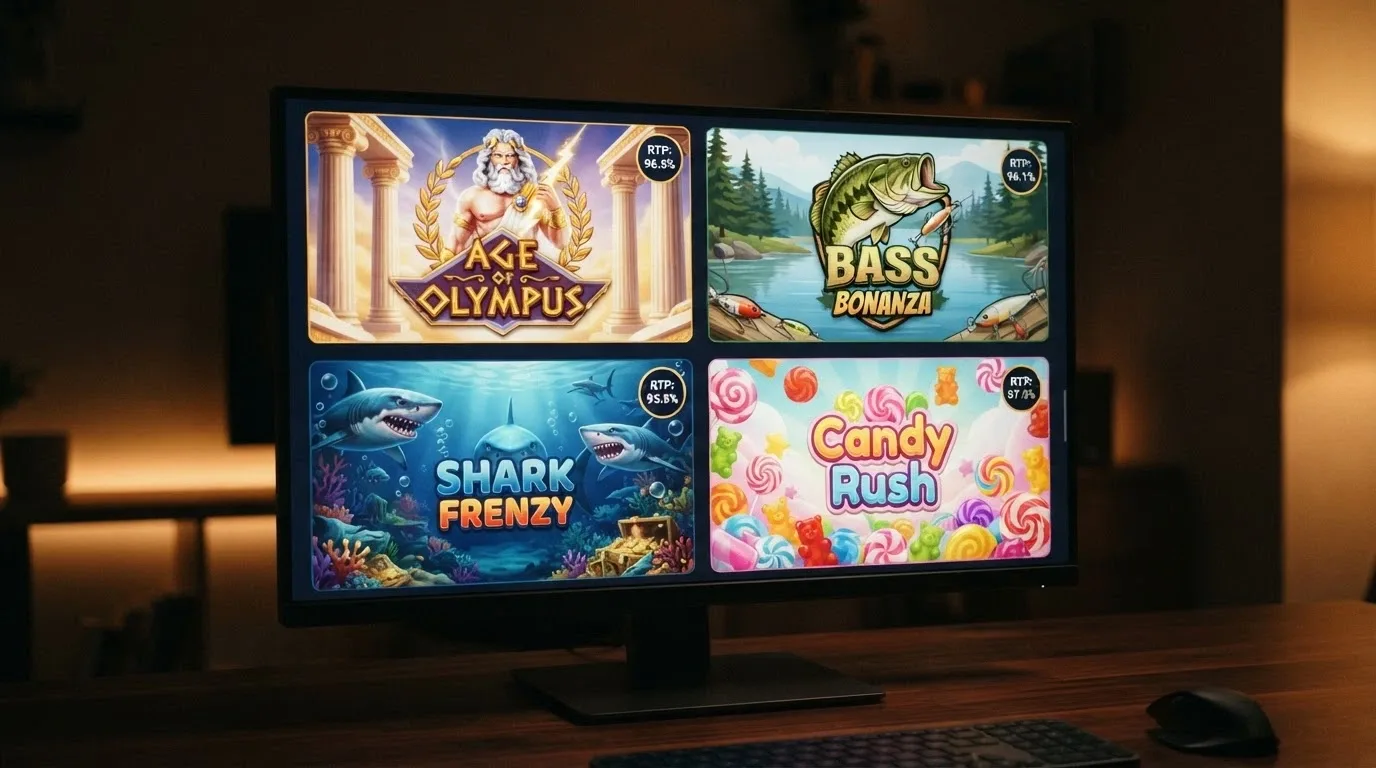 A casino lobby screen showing four pokie title cards — Gates of Olympus, Big Bass Bonanza, Razor Shark and Sweet Bonanza 1000 — with their RTP percentages overlaid as callout badges