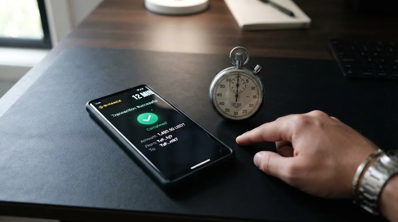 A stopwatch beside a blockchain transaction confirmation screen showing a USDT TRC-20 transfer with a 12-minute timestamp