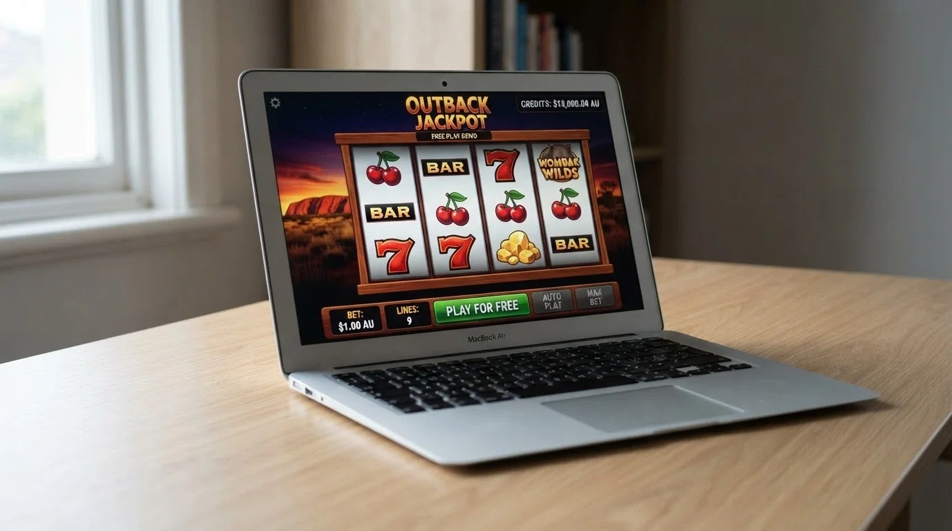 A laptop screen showing a free-play 3-reel pokie demo with a 'Play for Free' button visible and a play-money balance