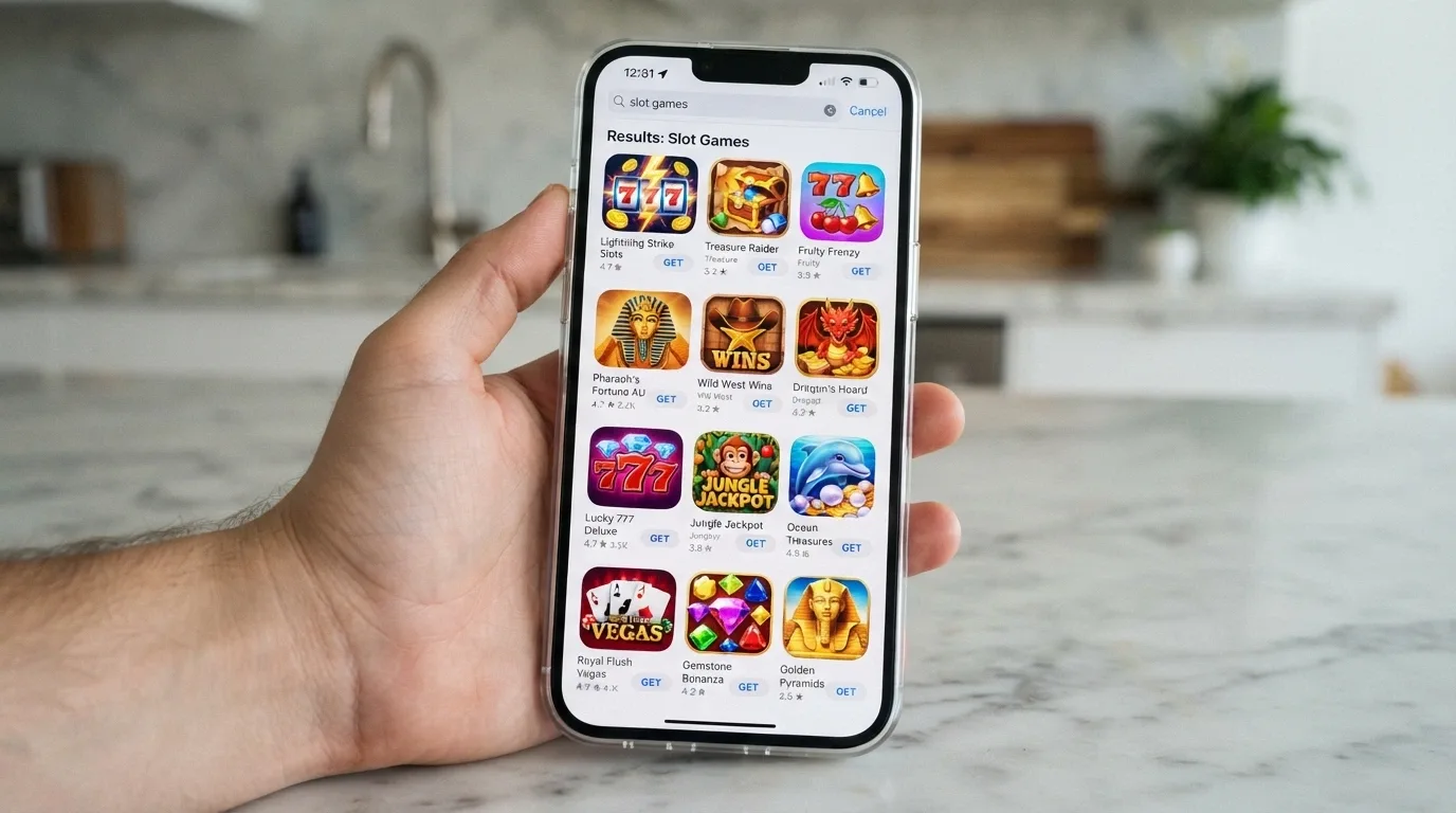 Apple App Store search results page showing free pokie apps with colourful icons and download buttons