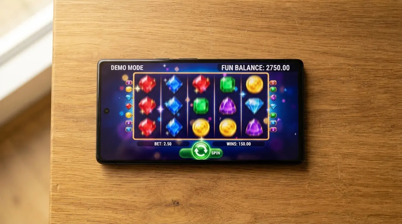 An Android phone displaying a pokie in demo mode with a prominent “Fun Balance” counter and a spin button, no deposit prompt visible