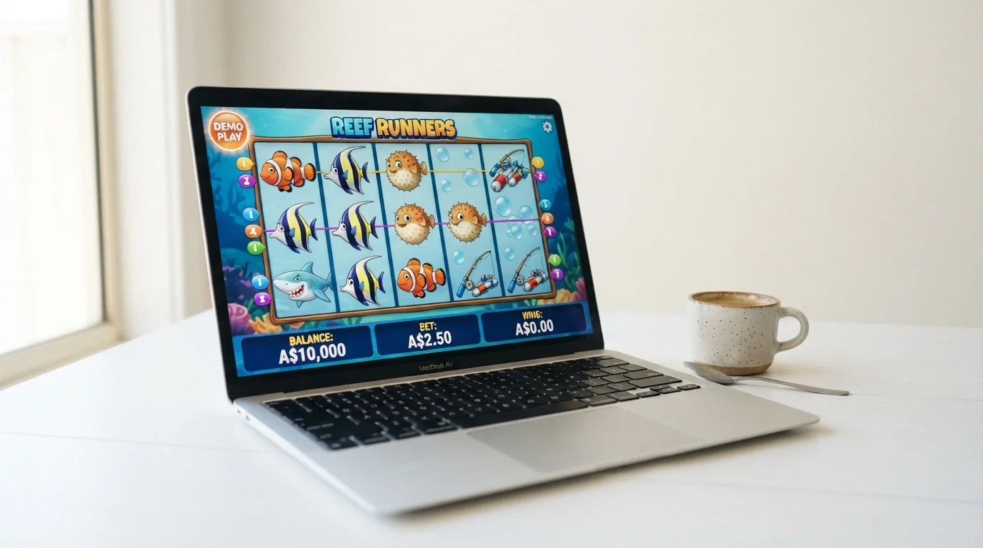 A laptop screen displaying a pokies game in demo mode with a play-money balance visible in the corner