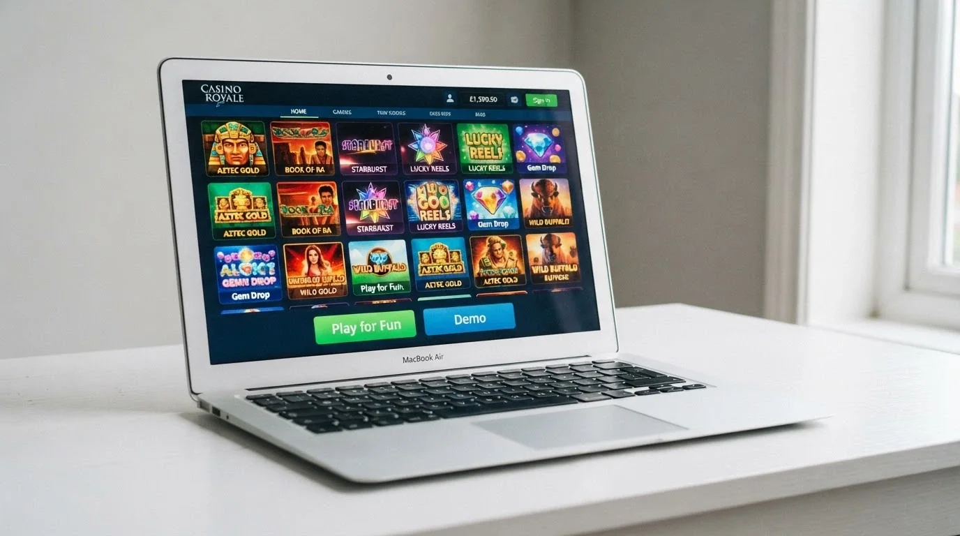 A laptop screen showing a free-play pokie lobby with “Play for Fun” or “Demo” buttons visible across multiple game thumbnails