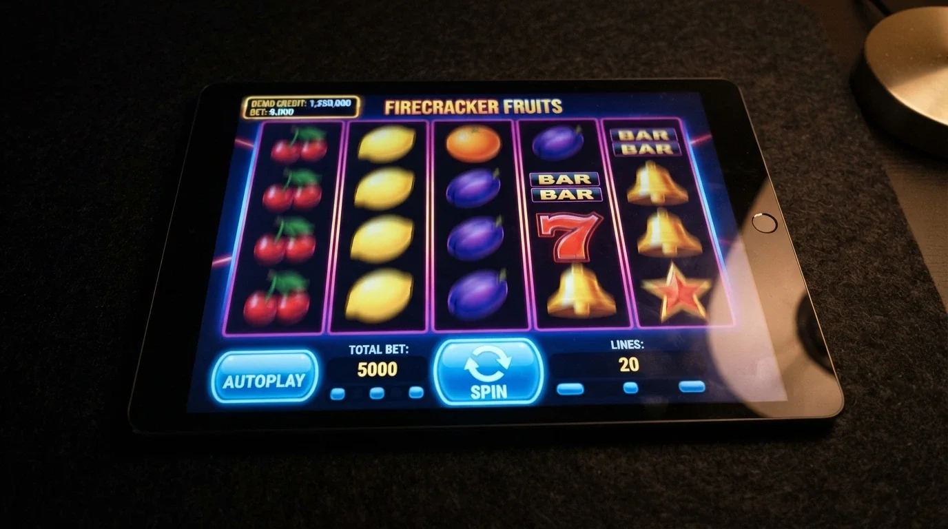 Free-play pokies reels spinning on an iPad in landscape orientation, with a demo-credit balance visible