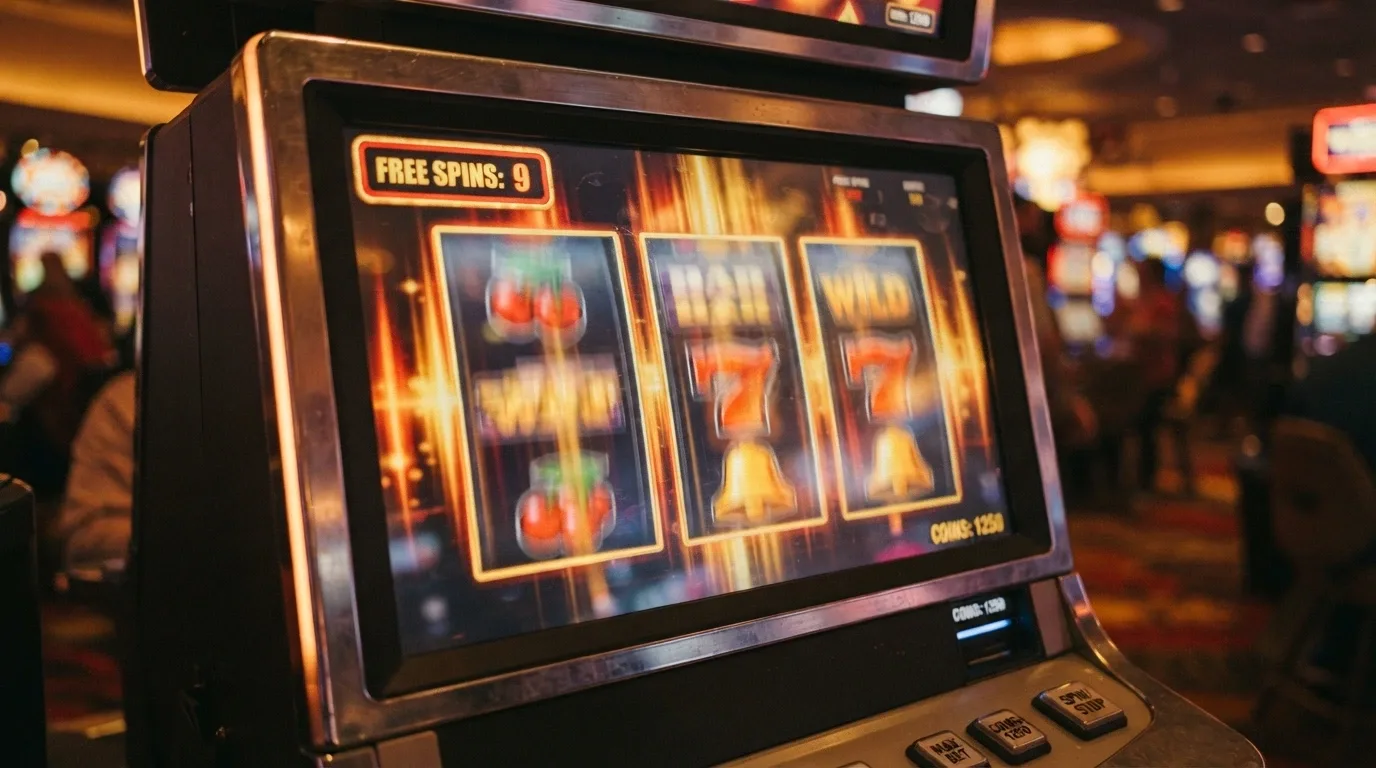 A close-up of a pokies game screen mid-spin, the reels blurred in motion with a free-spins counter at 47 of 100 visible in the corner