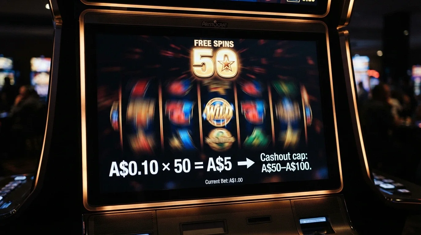 A close-up of a pokies screen showing a free-spins counter at 50, overlaid with arithmetic breaking down A$5 in spin value into the A$50–A$100 cashout cap after wagering