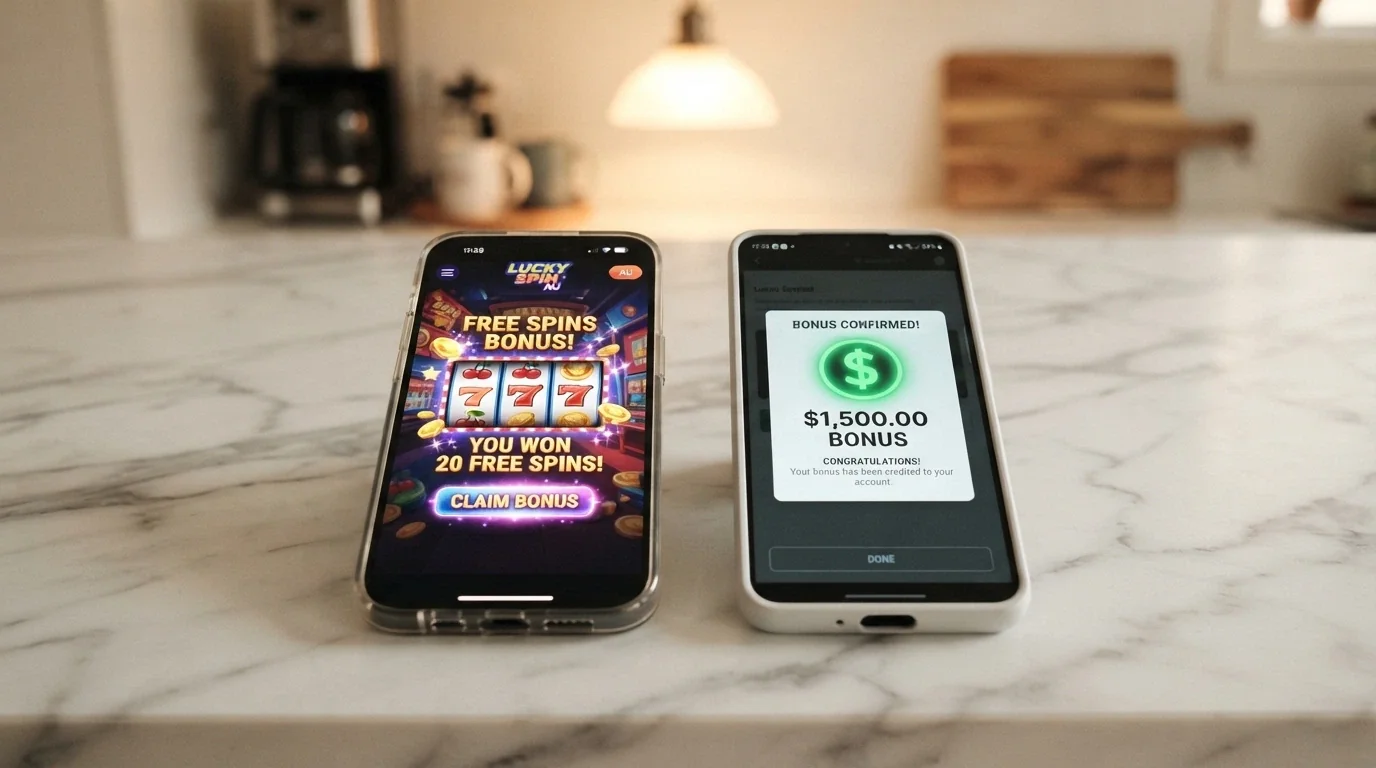 Two side-by-side mobile screens showing a free-spins bonus popup on the left and a cash bonus notification on the right
