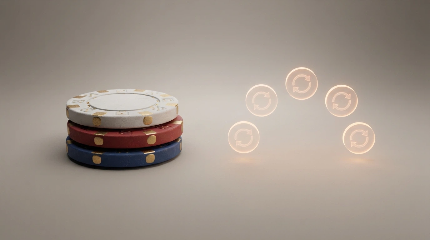 A split graphic showing a stack of casino chips on one side and a cluster of free-spin icons on the other