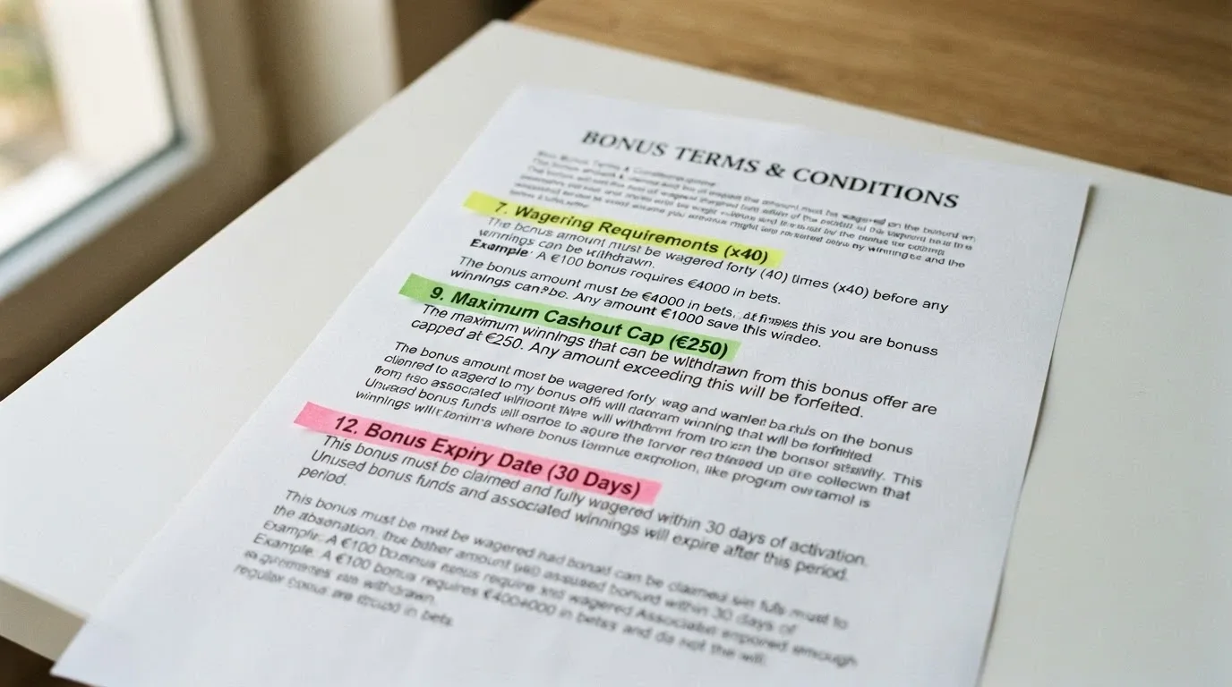 A close-up of bonus terms text highlighting wagering requirement, maximum cashout cap and expiry date in three distinct callout blocks