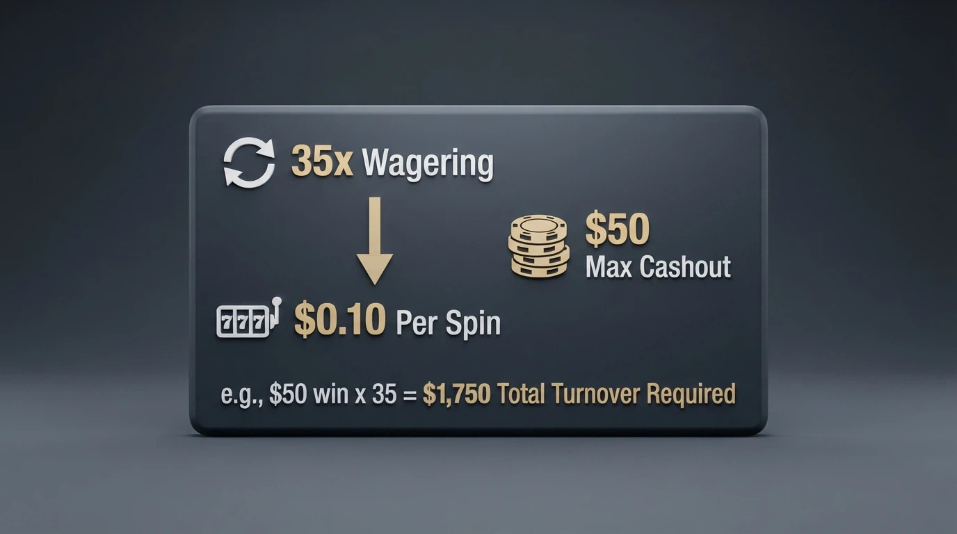 An online casino bonus terms panel showing wagering requirements, max cashout caps and spin value limits in a table layout with Australian dollar figures