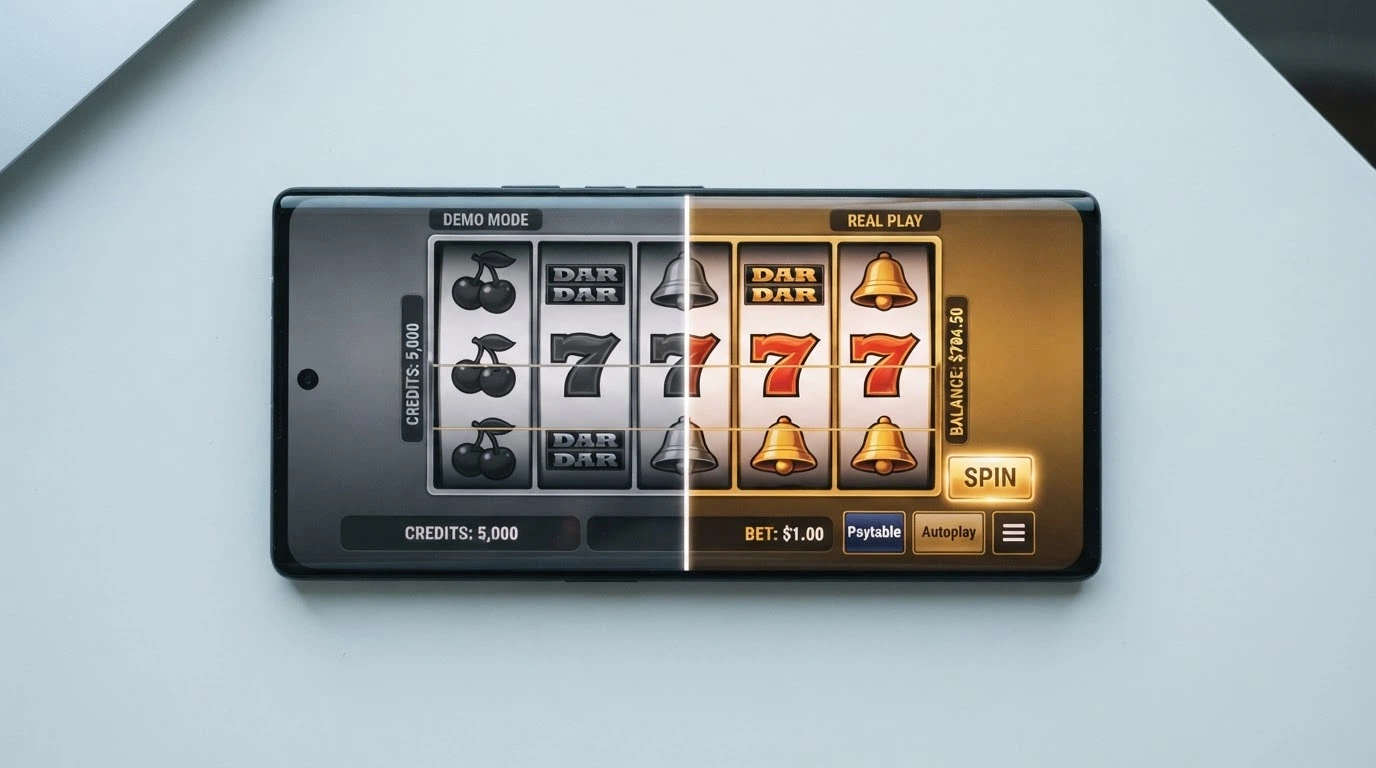 A split smartphone screen: one side showing a demo-mode pokies reel with play-money credits, the other showing a real-money balance with AU-dollar stakes