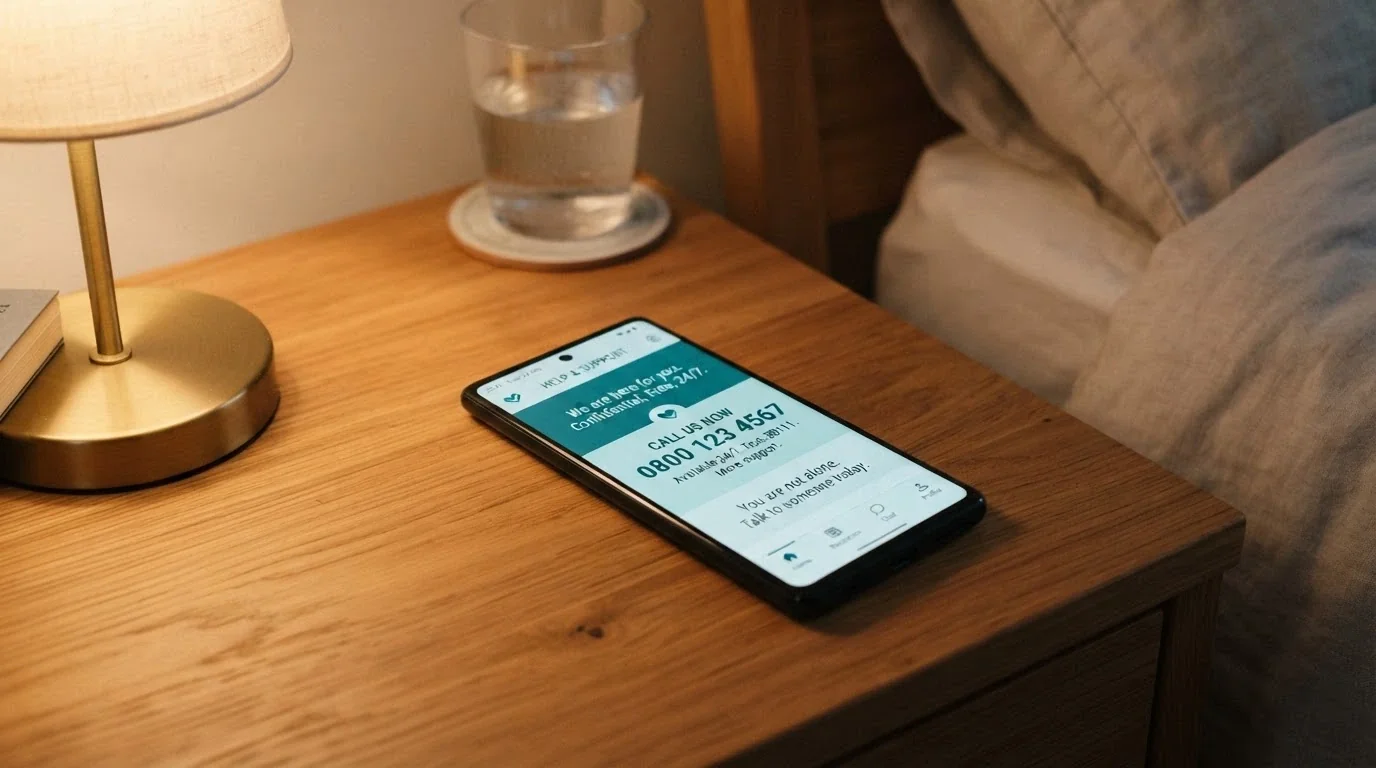 a mobile phone showing the Gambling Help Online homepage with the 1800 858 858 helpline number prominent