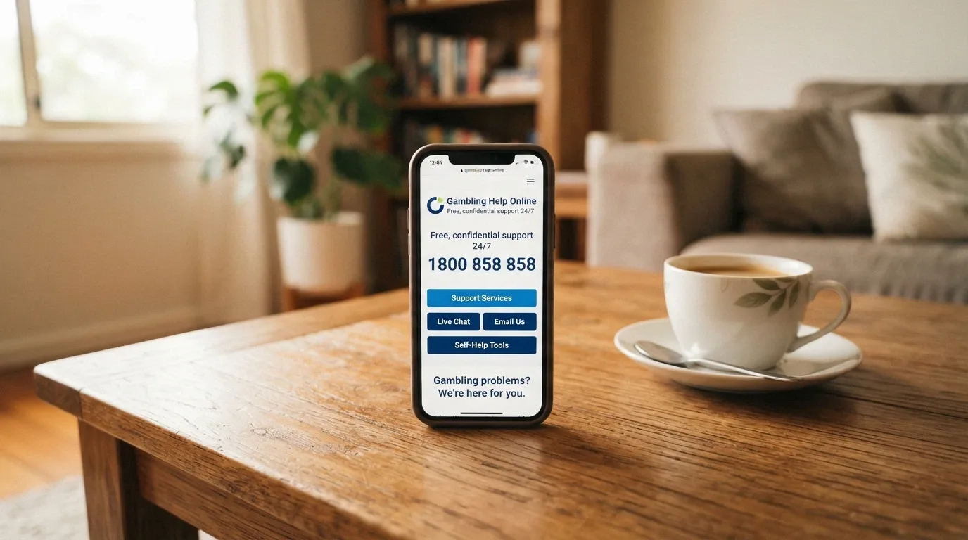 A close-up of a smartphone screen showing the Gambling Help Online homepage with the 1800 858 858 number prominently displayed, a cup of coffee beside it on a wooden table