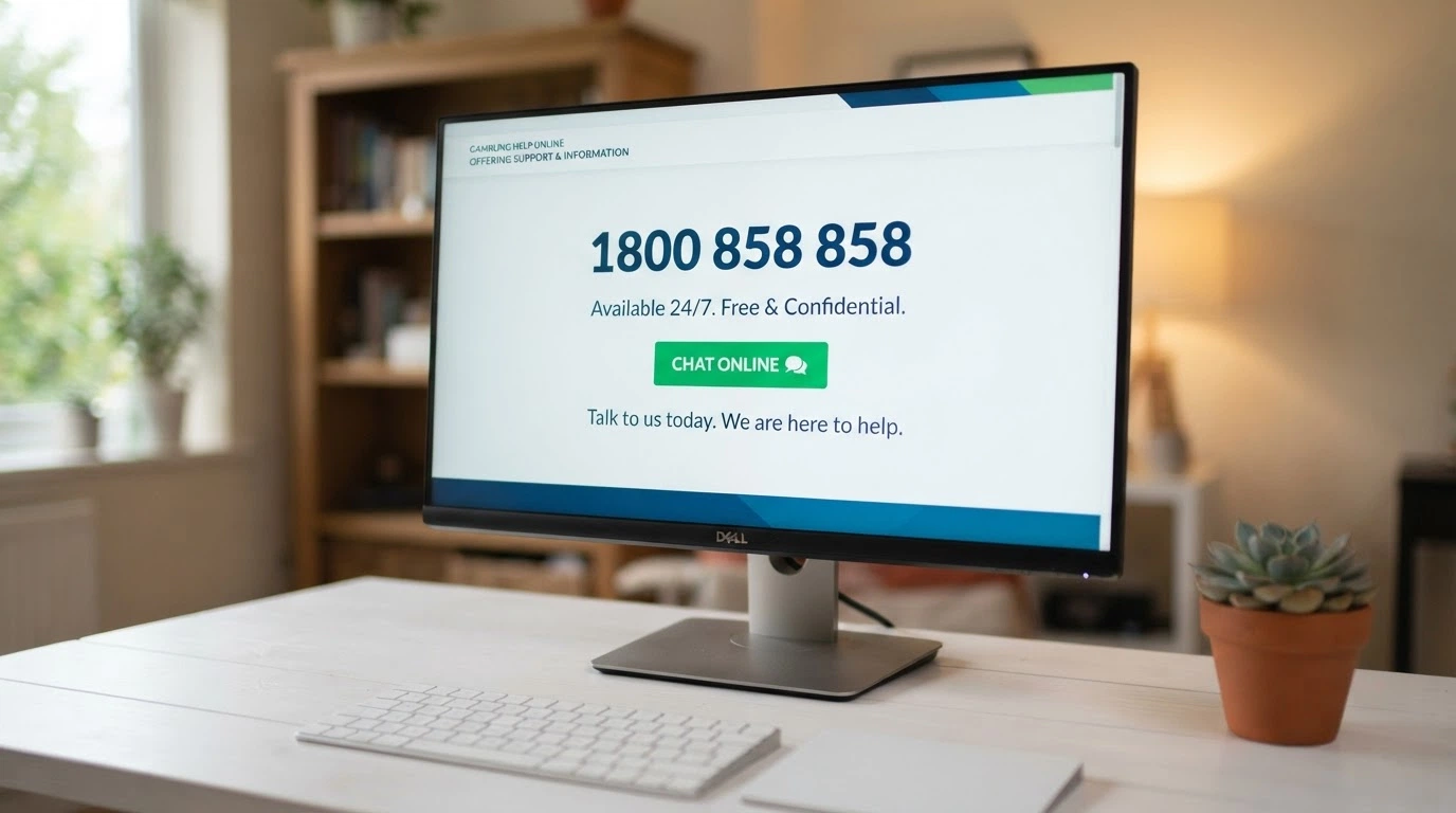 The Gambling Help Online homepage with the 1800 858 858 National Gambling Helpline number displayed prominently and a “Chat Online” button visible