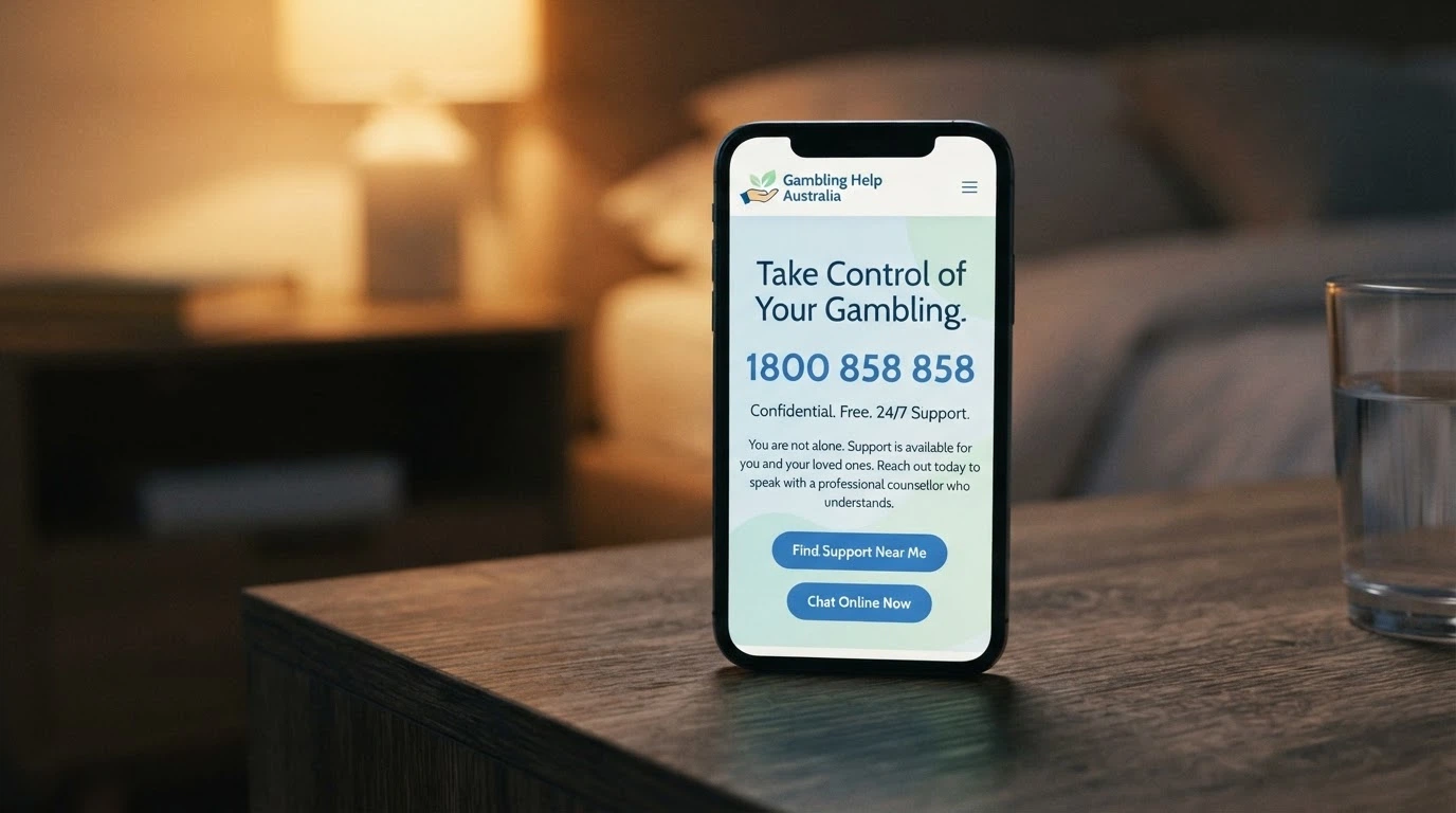 A close-up of a smartphone screen showing the Gambling Help Online homepage with the 1800 858 858 number displayed prominently