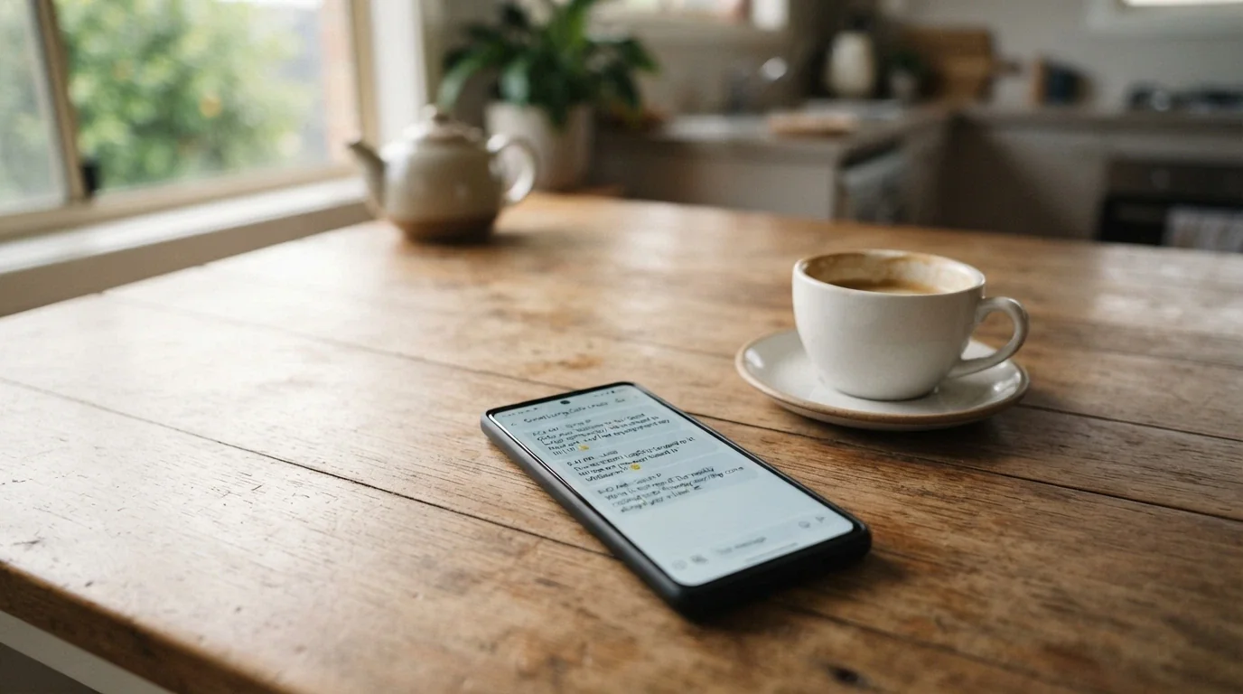 A smartphone resting on a wooden table beside a cup of coffee, the screen displaying the Gambling Help Online chat interface with a welcome message, soft morning light across the scene