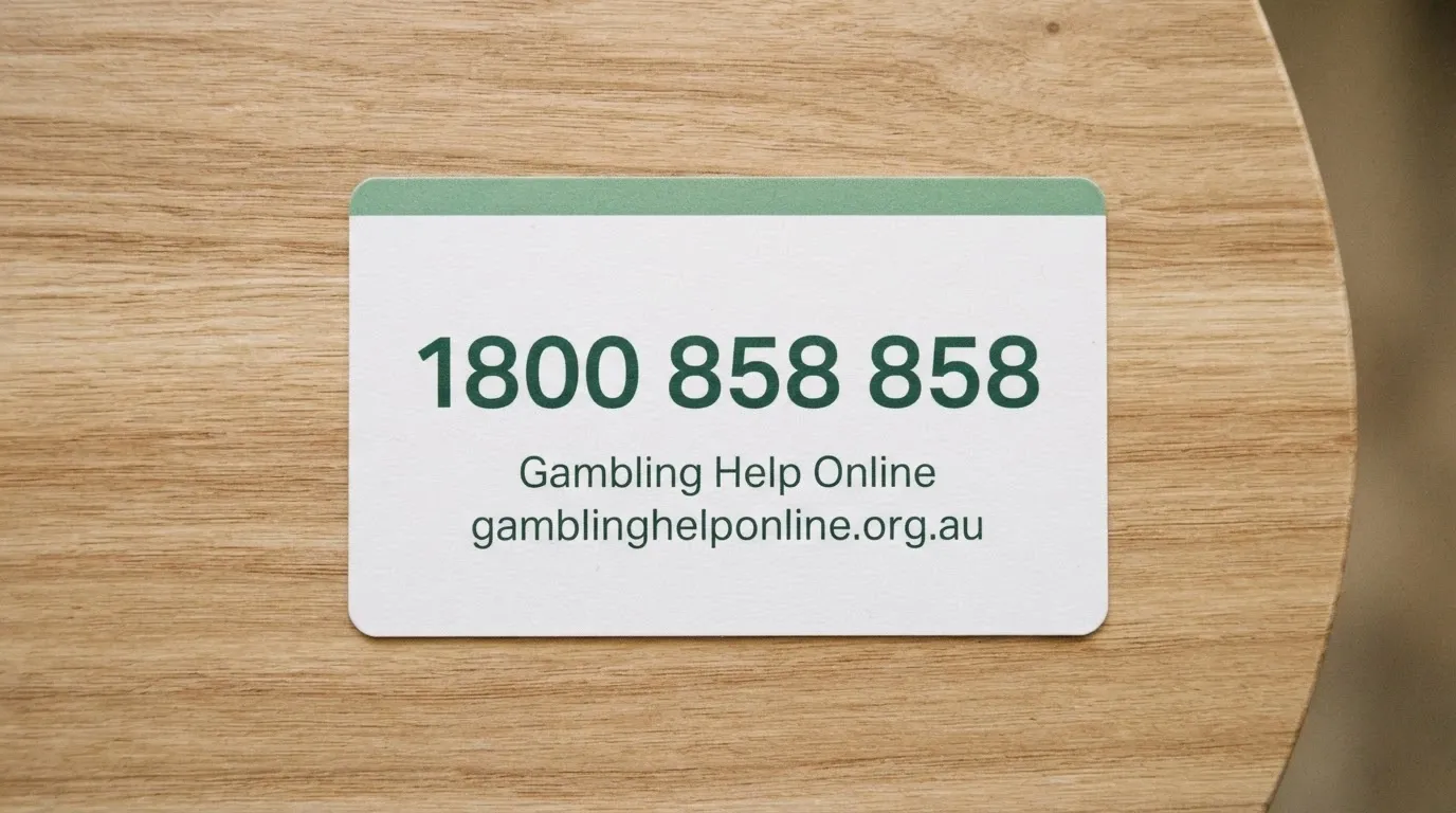 A close-up of a support card showing the National Gambling Helpline number 1800 858 858 and the Gambling Help Online web address
