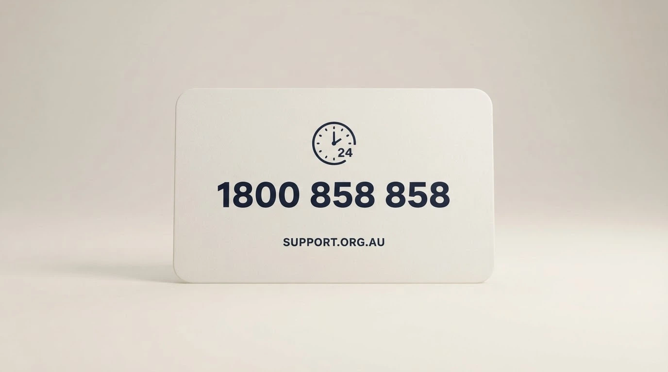 A support-card design with the National Gambling Helpline number 1800 858 858 displayed prominently, a 24/7 clock icon, and the Gambling Help Online URL beneath