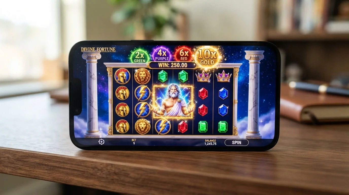 iPhone screen showing the Gates of Olympus 6×5 grid with Zeus multiplier animation during a winning spin