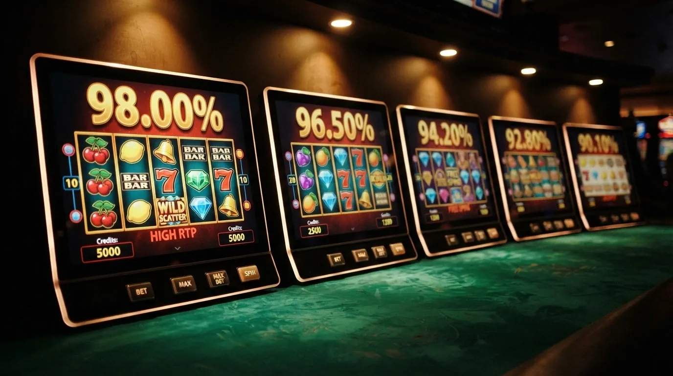 A lineup of pokie-title cards with RTP percentages displayed prominently, Blood Suckers at 98.00% in the lead position
