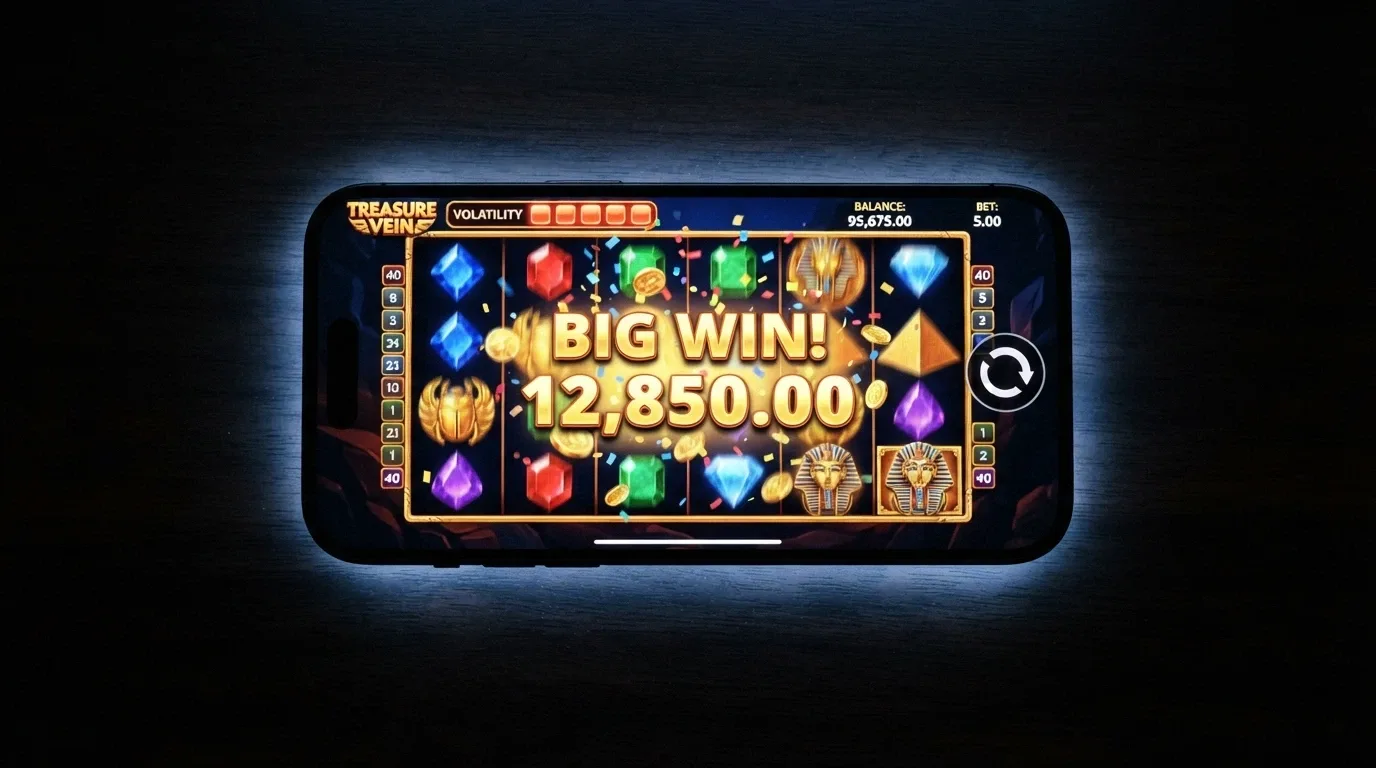 A six-reel Megaways-style pokie grid frozen mid-spin with a five-figure win amount displayed and the volatility meter in the corner