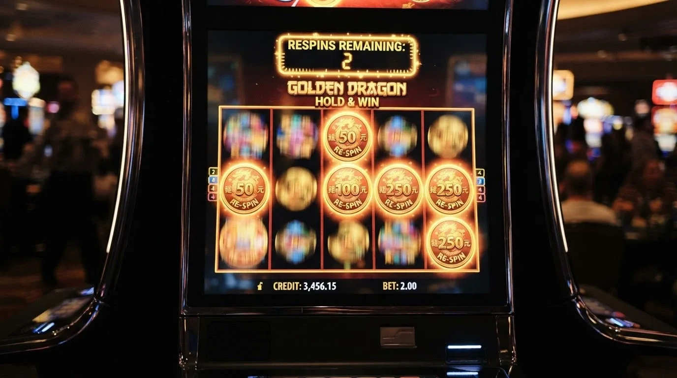 A close-up of a 1spin4win slot reel grid with the Hold & Win feature activated, showing sticky symbols and a respin counter